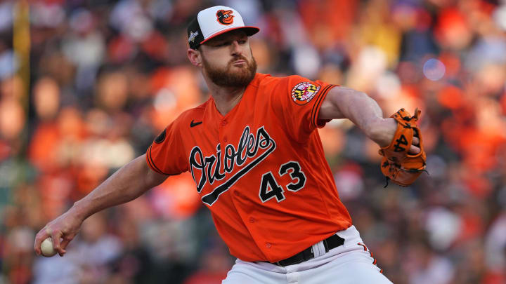 Oct 8, 2023; Baltimore, Maryland, USA; Baltimore Orioles relief pitcher Bryan Baker (43) pitches during the third inning against the Texas Rangers during game two of the ALDS for the 2023 MLB playoffs at Oriole Park at Camden Yards