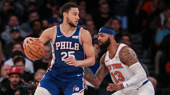 Nov 29, 2019; New York, NY, USA; Philadelphia 76ers guard Ben Simmons (25) dribbles as New York Knicks forward Marcus Morris Sr. (13) defends during the first half at Madison Square Garden. Mandatory Credit: Vincent Carchietta-Imagn Images Nov 29, 2019; New York, NY, USA; Philadelphia 76ers guard Ben Simmons (25) dribbles as New York Knicks forward Marcus Morris Sr. (13) defends during the first half at Madison Square Garden. Mandatory Credit: Vincent Carchietta-Imagn Images
