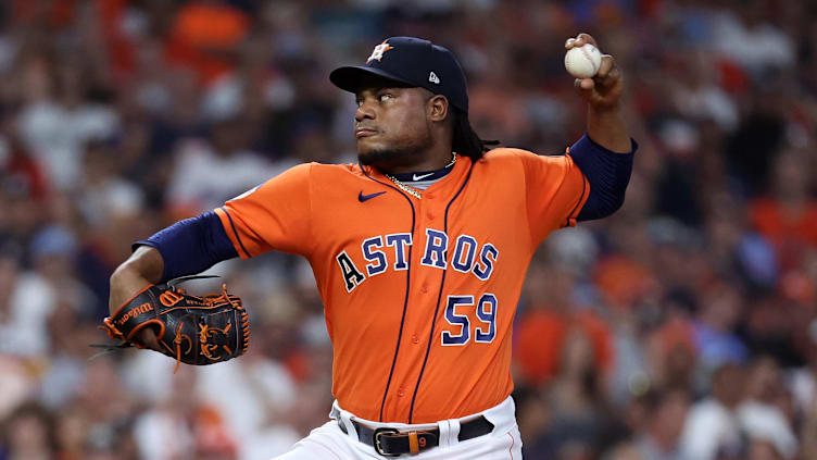 Oct 22, 2023; Houston, Texas, USA; Houston Astros starting pitcher Framber Valdez (59) throws a