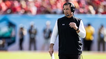 Jan 1, 2024; Tampa, FL, USA; Wisconsin Badgers head coach Luke Fickell talks on the headset during the second half against the LSU Tigers at the Reliaquest Bowl at Raymond James Stadium. Mandatory Credit: Matt Pendleton-USA TODAY Sports