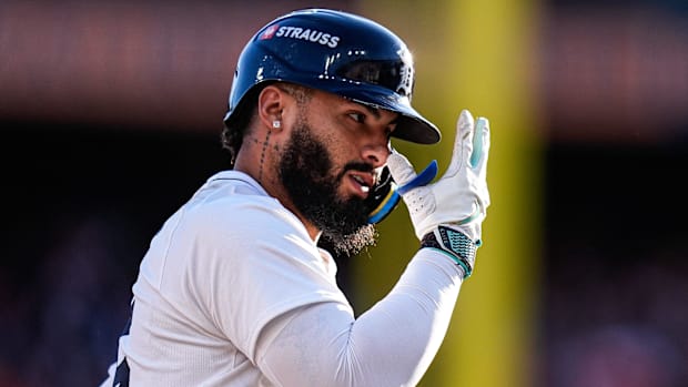 Tigers second baseman Gleyber Torres celebrates hitting a home run Tigers second baseman Gleyber Torres celebrates hitting a home run