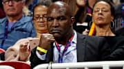 Former boxer Evander Holyfield poses during the Super Bowl LIII between the New England Patriots and the Los Angeles Rams