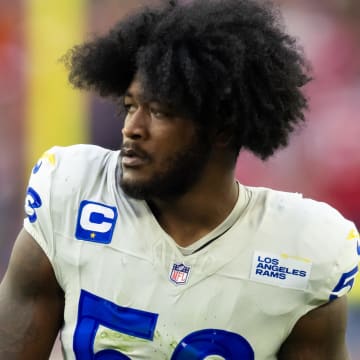 Nov 26, 2023; Glendale, Arizona, USA; Los Angeles Rams linebacker Ernest Jones (53) against the Arizona Cardinals at State Farm Stadium. Mandatory Credit: Mark J. Rebilas-USA TODAY Sports