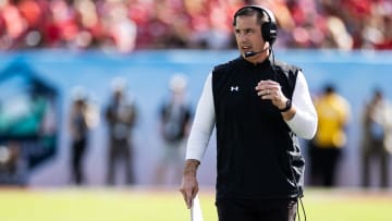 Jan 1, 2024; Tampa, FL, USA; Wisconsin Badgers head coach Luke Fickell talks on the headset during the second half against the LSU Tigers at the Reliaquest Bowl at Raymond James Stadium. Mandatory Credit: Matt Pendleton-USA TODAY Sports