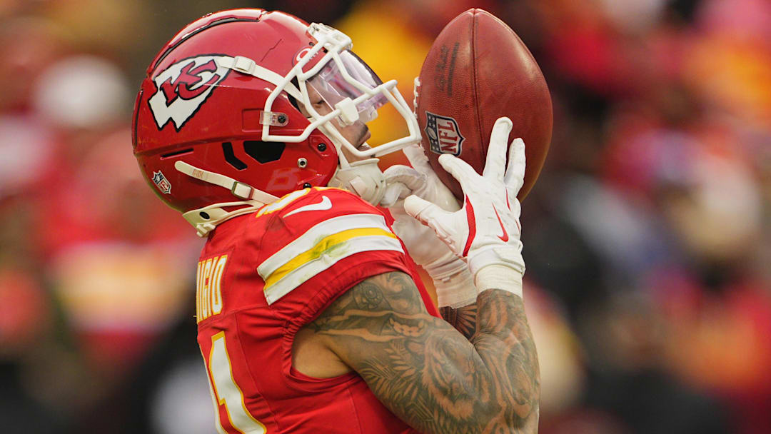 Jan 18, 2025; Kansas City, Missouri, USA; Kansas City Chiefs wide receiver Nikko Remigio (81) returns a kickoff against the Houston Texans during the second quarter of a 2025 AFC divisional round game at GEHA Field at Arrowhead Stadium. Mandatory Credit: Jay Biggerstaff-Imagn Images