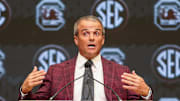 Jul 14, 2025; Atlanta, GA, USA; South Carolina Gamecocks head coach Shane Beamer talks to the media during SEC Media Day at Omni Atlanta Hotel. Mandatory Credit: Jordan Godfree-Imagn Images