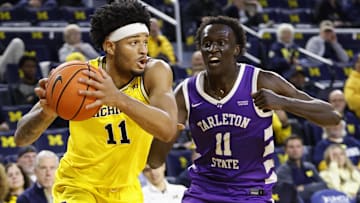 Nov 21, 2024; Ann Arbor, Michigan, USA;  Michigan Wolverines guard Roddy Gayle Jr. (11) dribbles defended by Tarleton Texans guard Bubu Benjamin (11) in the first half at Crisler Center. Mandatory Credit: Rick Osentoski-Imagn Images