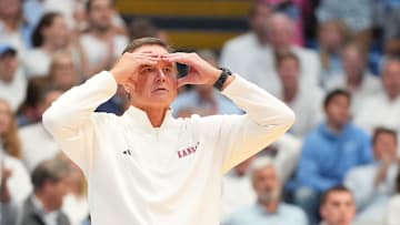 Nov 7, 2025; Chapel Hill, North Carolina, USA;  Kansas Jayhawks head coach Bill Self reacts in the second half at Dean E. Smith Center. Mandatory Credit: Bob Donnan-Imagn Images
