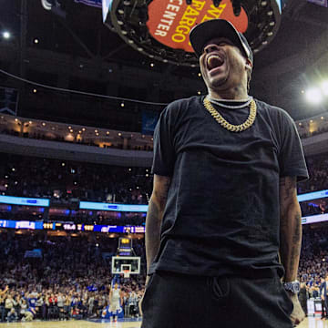 Nov 16, 2018; Philadelphia, PA, USA; NBA Hall of Fame member and Philadelphia 76ers former player Allen Iverson reacts as time winds down during a victory against the Utah Jazz at Wells Fargo Center. Mandatory Credit: Bill Streicher-Imagn Images