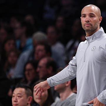 Mar 16, 2025; Brooklyn, New York, USA; Brooklyn Nets head coach Jordi Fernandez looks on during the first quarter against the Atlanta Hawks at Barclays Center. Mandatory Credit: Vincent Carchietta-Imagn Images