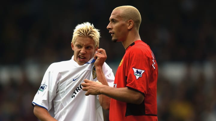 Rio Ferdinand of Manchester United and Alan Smith of Leeds United