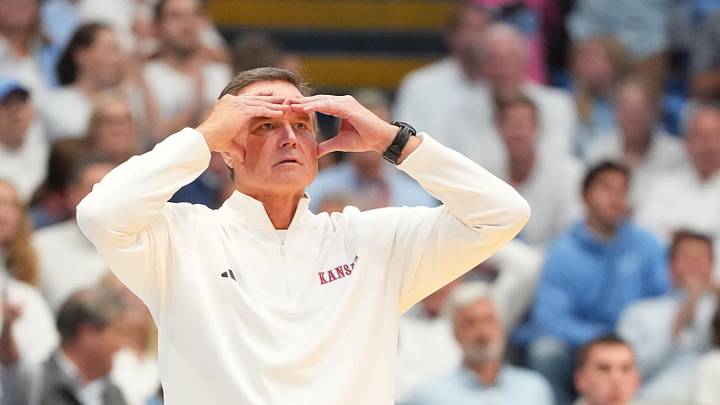Nov 7, 2025; Chapel Hill, North Carolina, USA;  Kansas Jayhawks head coach Bill Self reacts in the second half at Dean E. Smith Center. Mandatory Credit: Bob Donnan-Imagn Images