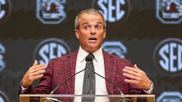 Jul 14, 2025; Atlanta, GA, USA; South Carolina Gamecocks head coach Shane Beamer talks to the media during SEC Media Day at Omni Atlanta Hotel. Mandatory Credit: Jordan Godfree-Imagn Images