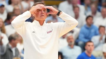 Nov 7, 2025; Chapel Hill, North Carolina, USA;  Kansas Jayhawks head coach Bill Self reacts in the second half.