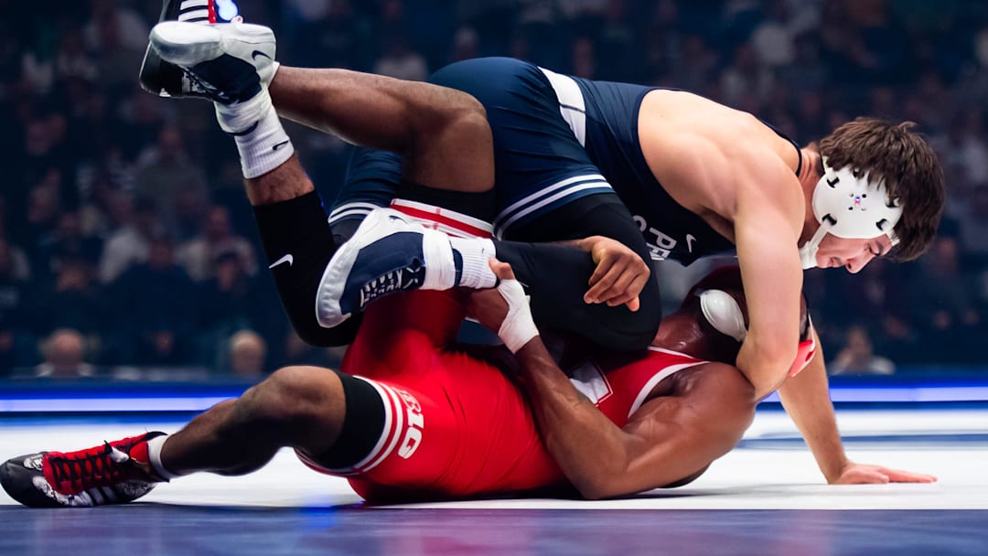 Penn State's PJ Duke, top, wrestles Nebraska's Antrell Taylor in the 157-pound bout during a Big Ten dual meet Penn State's PJ Duke, top, wrestles Nebraska's Antrell Taylor in the 157-pound bout during a Big Ten dual meet