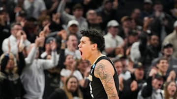 Colorado Buffaloes guard KJ Simpson (2) celebrates after scoring against the Marquette Golden Eagles on Sunday, March 24, 2024, during the second round of the NCAA Men’s Basketball Tournament at Gainbridge Fieldhouse in Indianapolis. The Marquette Golden Eagles defeated the Colorado Buffaloes 81-77.