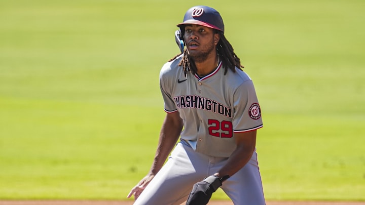 Aug 25, 2024; Cumberland, Georgia, USA; Washington Nationals left fielder James Wood (29) leads off of first base against the Atlanta Braves during the first inning at Truist Park.