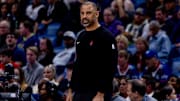 Mar 6, 2025; New Orleans, Louisiana, USA; Houston Rockets head coach Ime Udoka looks on against the New Orleans Pelicans during the first half at Smoothie King Center. Mandatory Credit: Stephen Lew-Imagn Images