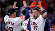 Apr 30, 2024; Houston, Texas, USA; Houston Astros catcher Victor Caratini (17) is congratulated by Houston Astros manager Joe Espada (19) after hitting a walkoff home run against the Cleveland Guardians during the tenth inning at Minute Maid Park