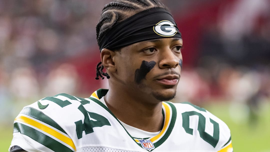 Oct 19, 2025; Glendale, Arizona, USA; Green Bay Packers cornerback Carrington Valentine (24) against the Arizona Cardinals at State Farm Stadium.