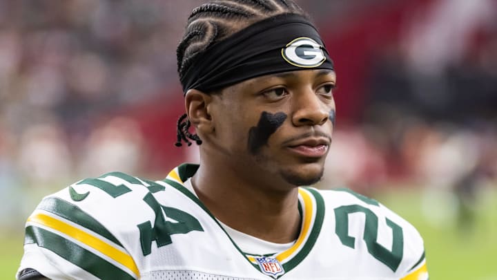 Oct 19, 2025; Glendale, Arizona, USA; Green Bay Packers cornerback Carrington Valentine (24) against the Arizona Cardinals at State Farm Stadium.