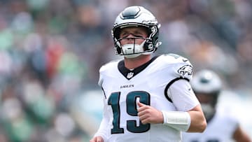 Aug 16, 2025; Philadelphia, Pennsylvania, USA; Philadelphia Eagles quarterback Kyle McCord (19) in a game against the Cleveland Browns at Lincoln Financial Field. Mandatory Credit: Bill Streicher-Imagn Images