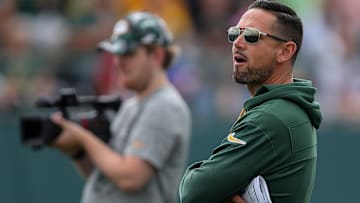 Green Bay Packers head coach Matt LaFleur surveys practice, at Ray Nitschke Field in Green Bay, Wis.