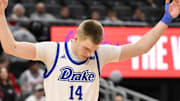 Mar 9, 2025; St. Louis, Missouri, USA;  Drake Bulldogs guard Bennett Stirtz (14) reacts during the second half of the Missouri Valley Conference Tournament Championship against the Bradley Braves at Enterprise Center. Mandatory Credit: Jeff Curry-Imagn Images
