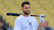 Oct 26, 2025; Los Angeles, CA, USA;  Toronto Blue Jays shortstop Bo BIchette (11) takes batting practice during World Series workouts prior to game three against the Los Angeles Dodgers at Dodger Stadium. Mandatory Credit: Jayne Kamin-Oncea-Imagn Images