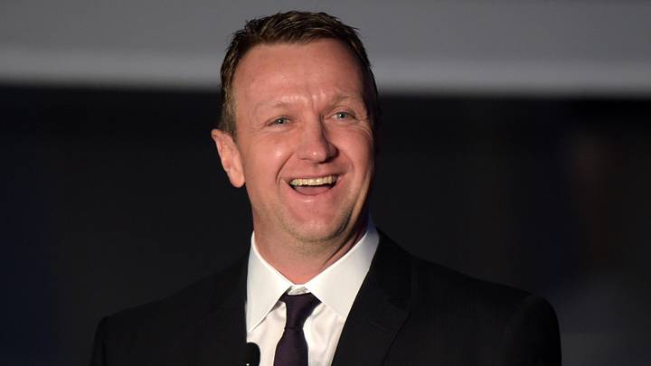 Mar 7, 2015; Los Angeles, CA, USA; Rob Blake speaks at statue unveiling ceremony for Los Angeles Kings former player Luc Robitaille (not pictured) before the game against the Pittsburgh Penguins at Staples Center.Mandatory Credit: Kirby Lee-Imagn Images