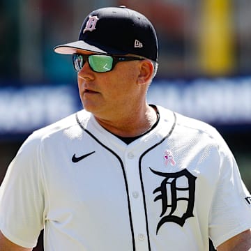 Detroit Tigers manager A.J. Hinch (14) walks off the field after a pitching change during the eighth inning at Comerica Park in Detroit on Sunday, May 12, 2024