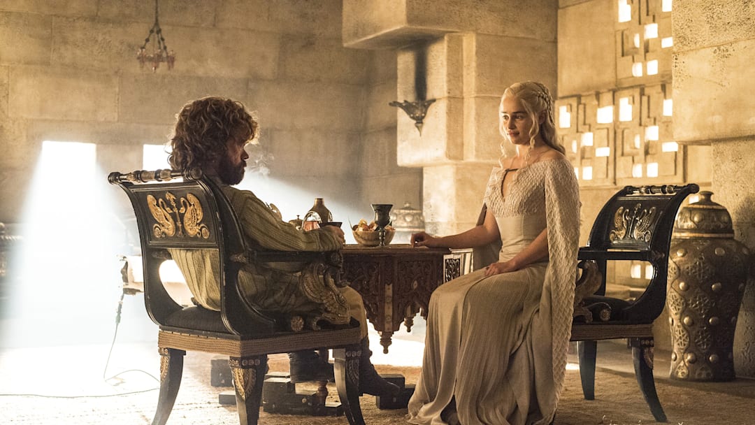 Tyrion Lannister (Peter Dinklage) and Daenerys Targaryen (Emilia Clarke) in Game of Thrones season 5. Photograph courtesy of HBO.