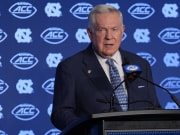Jul 25, 2024; Charlotte, NC, USA;  UNC Tar Heels head coach Mack Brown speaks to the media during the ACC Kickoff at Hilton Charlotte Uptown.