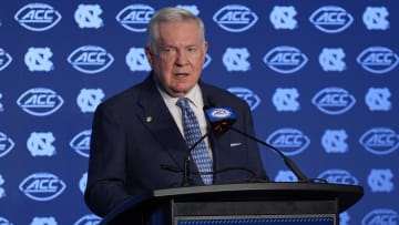 Jul 25, 2024; Charlotte, NC, USA;  UNC Tar Heels head coach Mack Brown speaks to the media during the ACC Kickoff at Hilton Charlotte Uptown.