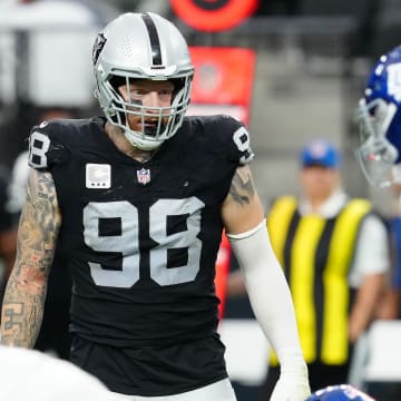 Nov 5, 2023; Paradise, Nevada, USA; Las Vegas Raiders defensive end Maxx Crosby (98) waits for the New York Giants to snap the ball during the second quarter at Allegiant Stadium. Mandatory Credit: Stephen R. Sylvanie-USA TODAY Sports