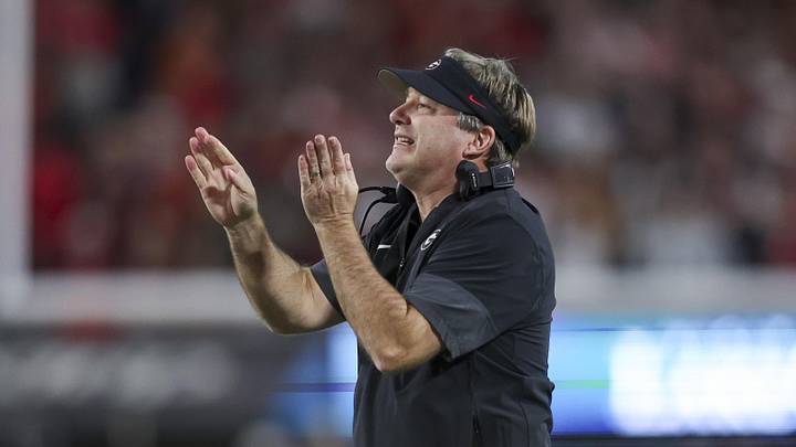 Nov 15, 2025; Athens, Georgia, USA; Georgia Bulldogs head coach Kirby Smart gestures in the first half against the Texas Longhorns at Sanford Stadium. Mandatory Credit: Brett Davis-Imagn Images