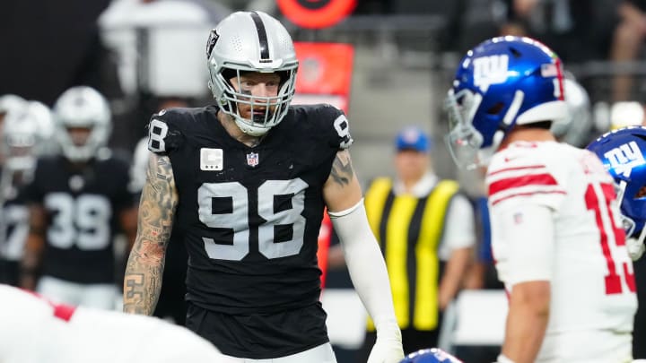 Nov 5, 2023; Paradise, Nevada, USA; Las Vegas Raiders defensive end Maxx Crosby (98) waits for the New York Giants to snap the ball during the second quarter at Allegiant Stadium. Mandatory Credit: Stephen R. Sylvanie-USA TODAY Sports