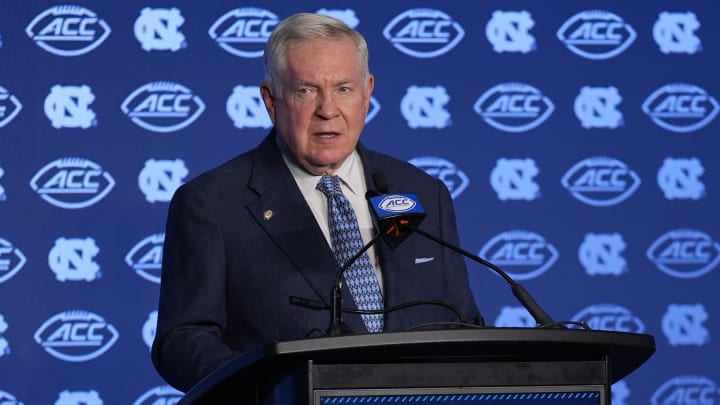 Jul 25, 2024; Charlotte, NC, USA;  UNC Tar Heels head coach Mack Brown speaks to the media during the ACC Kickoff at Hilton Charlotte Uptown.