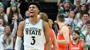 Jan 19, 2025; East Lansing, Michigan, USA;  Michigan State Spartans guard Jaden Akins (3) celebrates as the clock expires and the Michigan State Spartans defeat the Illinois Fighting Illini at Jack Breslin Student Events Center. Mandatory Credit: Dale Young-Imagn Images
