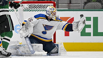 Sep 26, 2022; Dallas, Texas, USA; St. Louis Blues goaltender Colten Ellis (45) in action during the game between the Dallas Stars and the St. Louis Blues at American Airlines Center. Mandatory Credit: Jerome Miron-Imagn Images