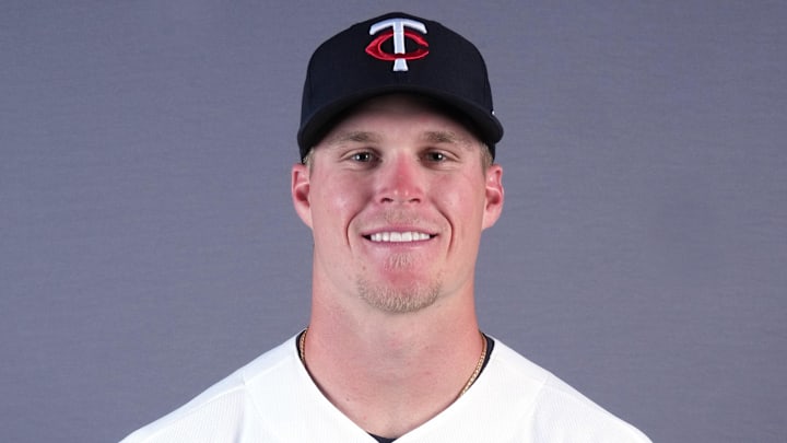 Feb 19, 2026; Lee County, FL, USA; Minnesota Twins center fielder Walker Jenkins (75) poses during photo day at Hammond Stadium. Mandatory Credit: Jim Rassol-Imagn Images