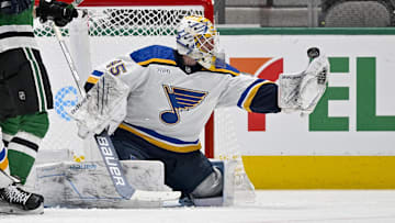 Sep 26, 2022; Dallas, Texas, USA; St. Louis Blues goaltender Colten Ellis (45) in action during the game between the Dallas Stars and the St. Louis Blues at American Airlines Center. Mandatory Credit: Jerome Miron-Imagn Images