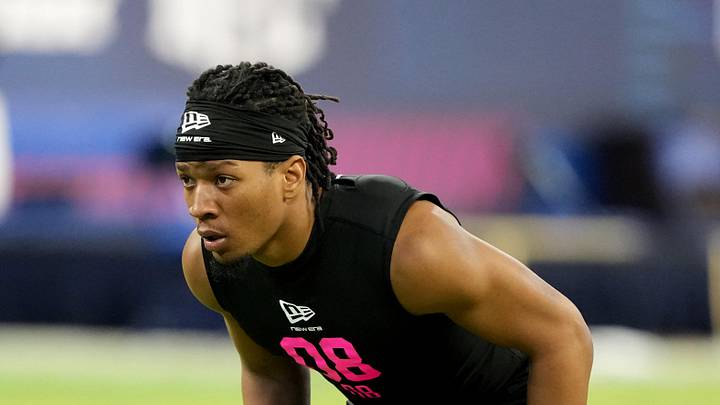 Feb 27, 2026; Indianapolis, IN, USA; North Carolina defensive back Thaddeus Dixon (DB08) during the NFL Scouting Combine at Lucas Oil Stadium. Mandatory Credit: Kirby Lee-Imagn Images