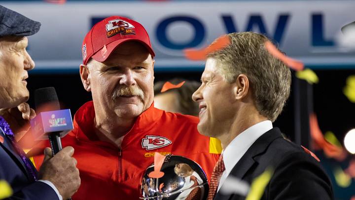 Kansas City Chiefs head coach Andy Reid (left) celebrates with team owner Clark Hunt and the Vince Lombardi Trophy after winning Super Bowl LVII against the Philadelphia Eagles at State Farm Stadium.