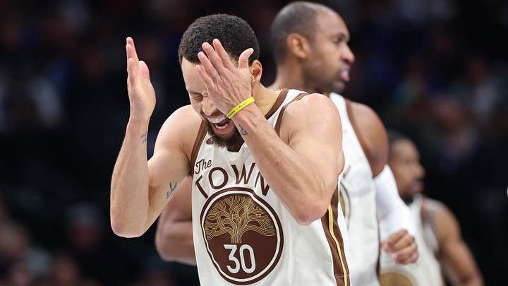 Jan 22, 2026; Dallas, Texas, USA; Golden State Warriors guard Stephen Curry (30) reacts against the Dallas Mavericks during the second half at American Airlines Center. Mandatory Credit: Kevin Jairaj-Imagn Images