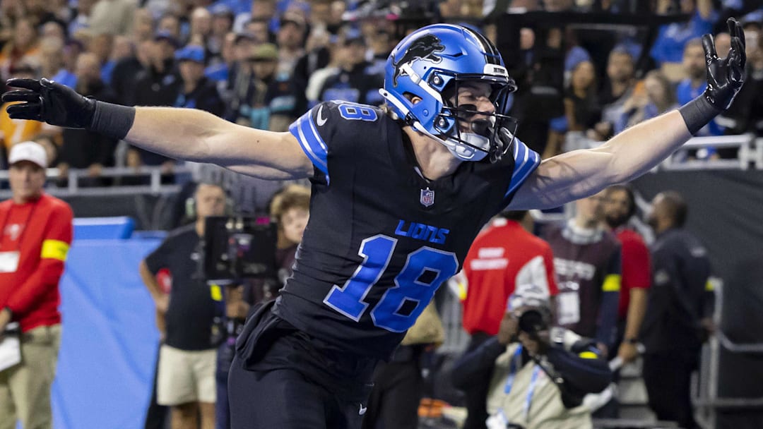 Detroit Lions wide receiver Isaac Teslaa (18) attempts to make a catch against the Tampa Bay Buccaneers during the first half at Ford Field.