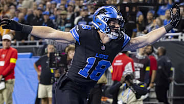 Detroit Lions wide receiver Isaac Teslaa (18) attempts to make a catch against the Tampa Bay Buccaneers during the first half at Ford Field.