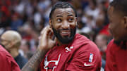 Apr 9, 2023; Chicago, Illinois, USA; Chicago Bulls center Andre Drummond (3) smiles as he sits on the bench during the first half at United Center. Mandatory Credit: Kamil Krzaczynski-Imagn Images