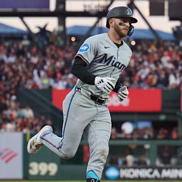 Aug 31, 2024; San Francisco, California, USA; Miami Marlins infielder Connor Norby (24) runs the bases after hitting a solo home run against the San Francisco Giants during the sixth inning at Oracle Park.