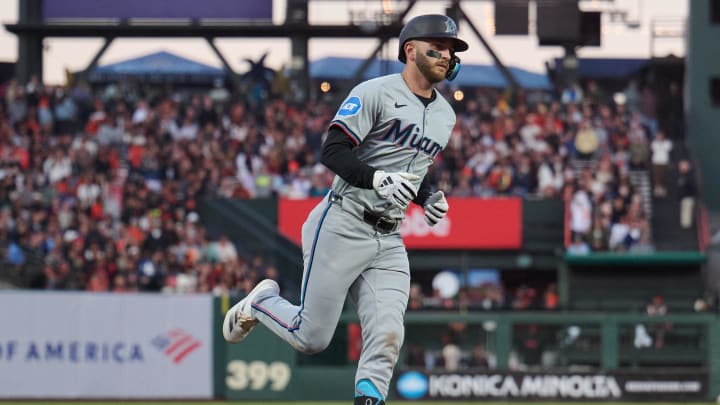 Aug 31, 2024; San Francisco, California, USA; Miami Marlins infielder Connor Norby (24) runs the bases after hitting a solo home run against the San Francisco Giants during the sixth inning at Oracle Park.